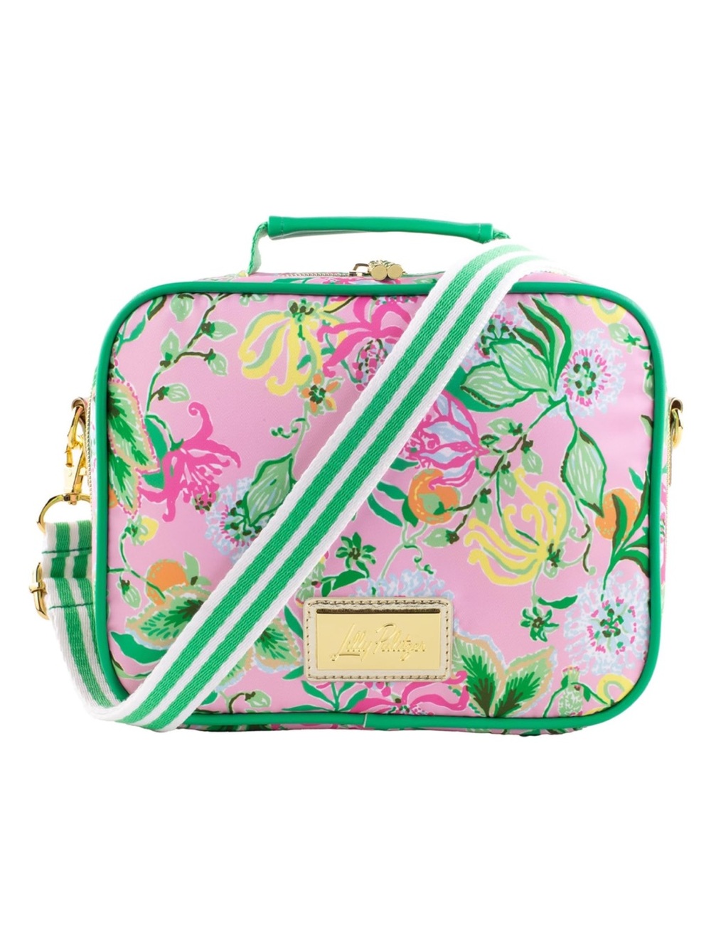 New Lilly Pulitzer Pink Floral Crossbody Bag Lunch Box with Green Striped Strap